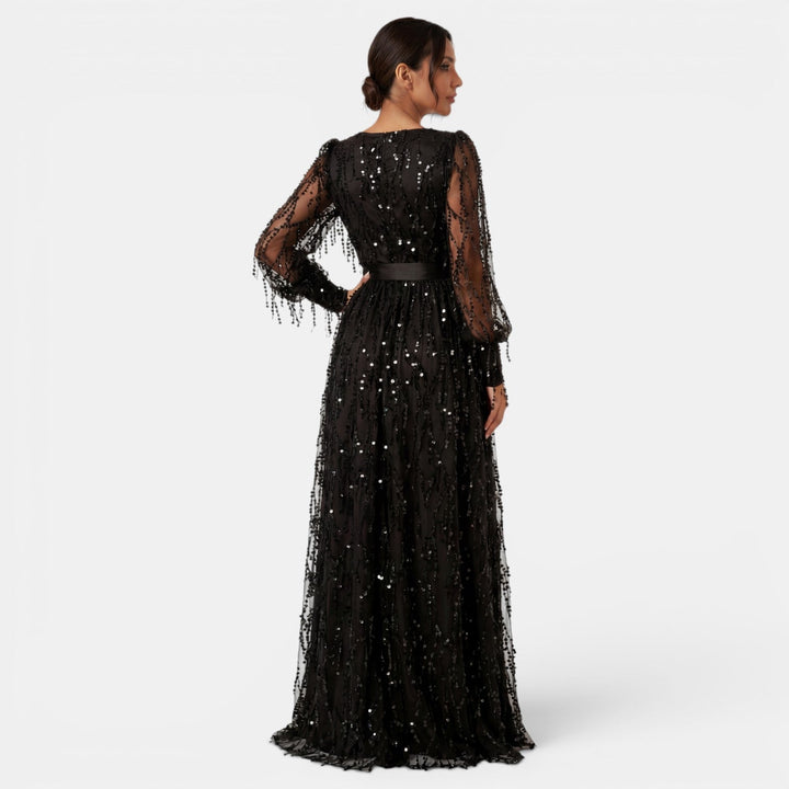 Elegante vestido de fiesta para mujer, corte largo, con lentejuelas y escote en V profundo. Ocasión especial.