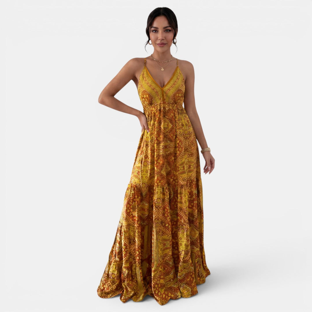 Vestido largo y fresco de verano para mujer, estilo boho con tirantes. Diseño estampado para días casuales.