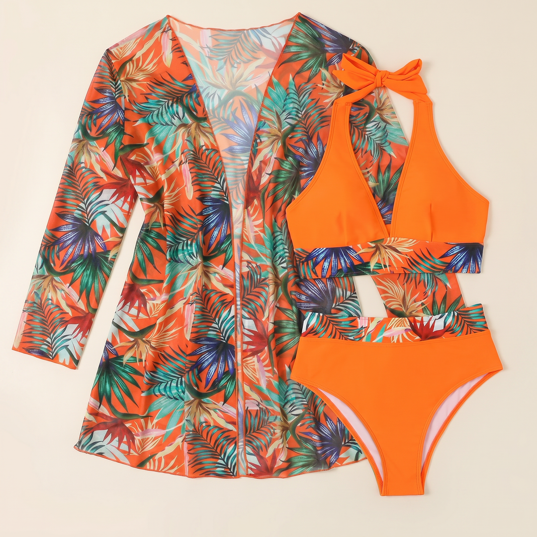 Conjunto bikini mujer 3 piezas elegante para verano con estampado tropical y kimono a juego.