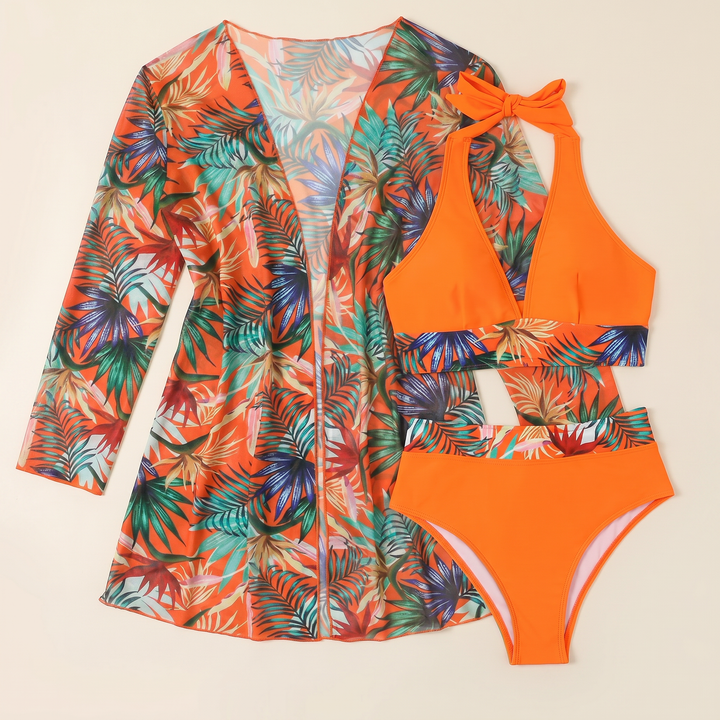 Conjunto bikini mujer 3 piezas elegante para verano con estampado tropical y kimono a juego.