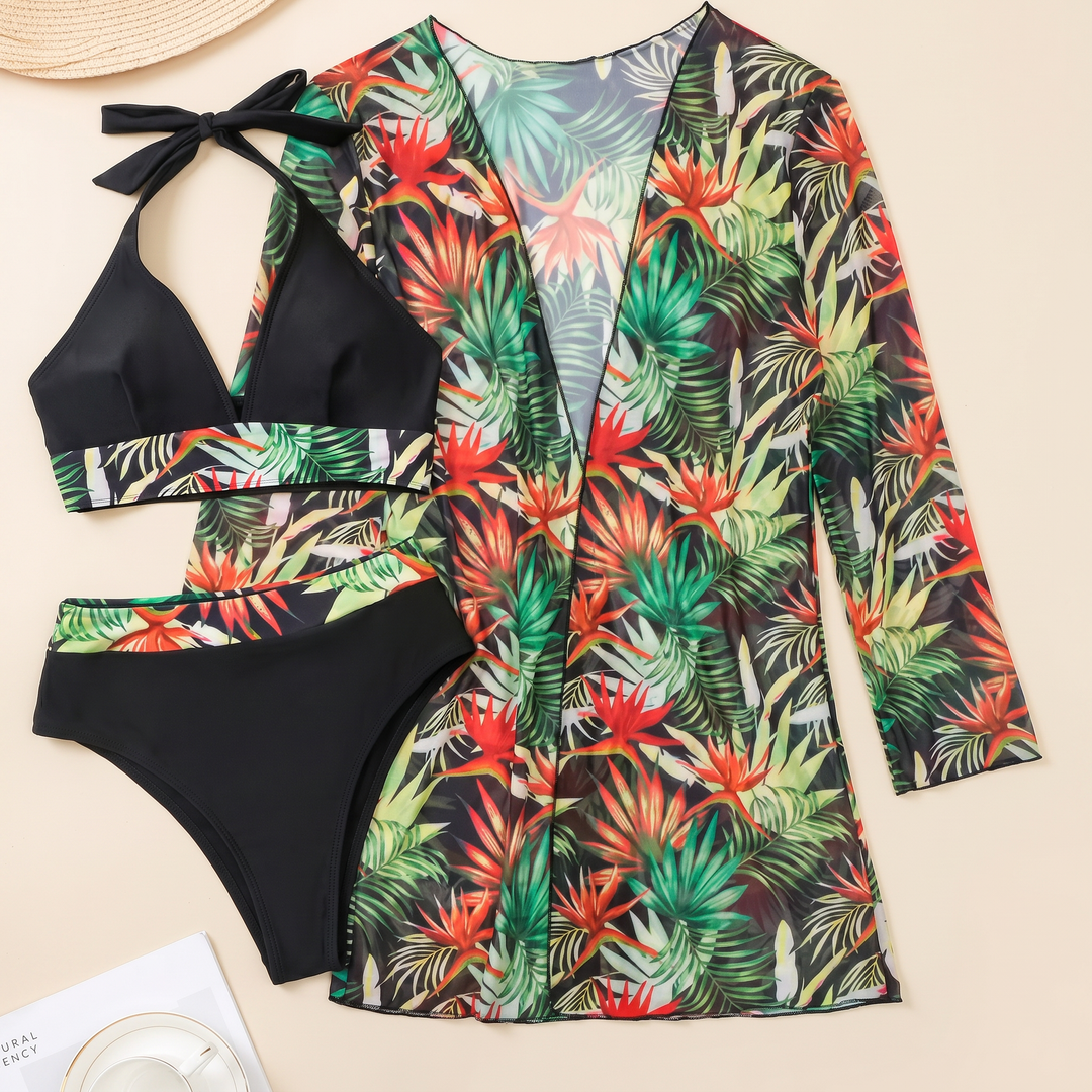 Bikini halter de mujer con tiro alto y kimono tropical, un traje de baño completo para el verano.