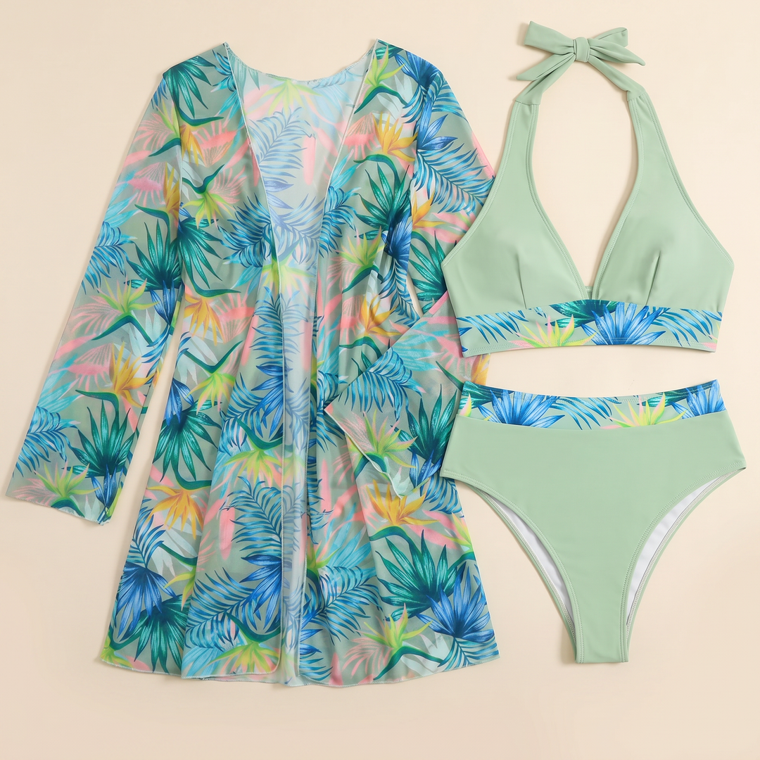 Traje de baño de mujer 3 piezas: bikini con estampado tropical y kimono, perfecto para playa y piscina.