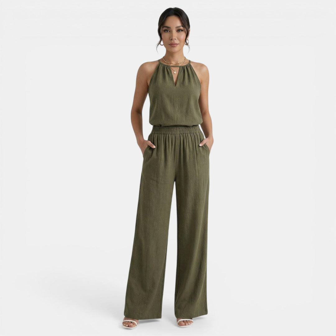 Conjunto de lino calado para mujer, top halter y pantalón ancho. Ideal para un verano fresco.