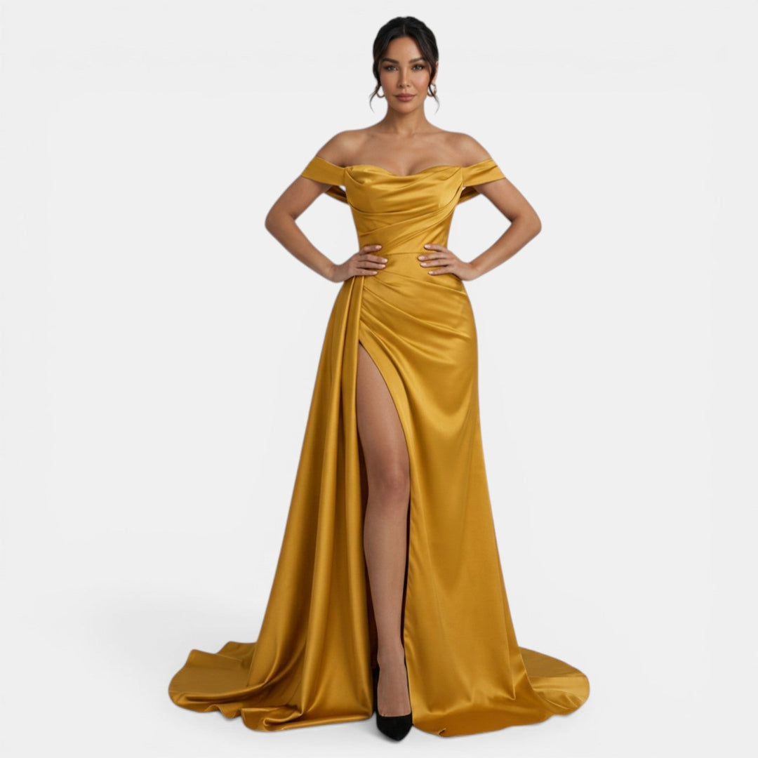 Vestido de fiesta ajustado off-shoulder para mujer, con abertura alta, perfecto para eventos de noche y galas.