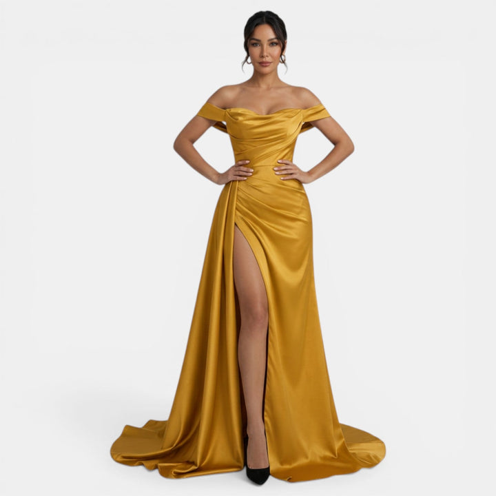 Vestido de fiesta ajustado off-shoulder para mujer, con abertura alta, perfecto para eventos de noche y galas.
