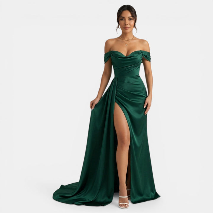 Vestido de fiesta off-shoulder negro para mujer con abertura alta, elegante y sexy para noche de gala.