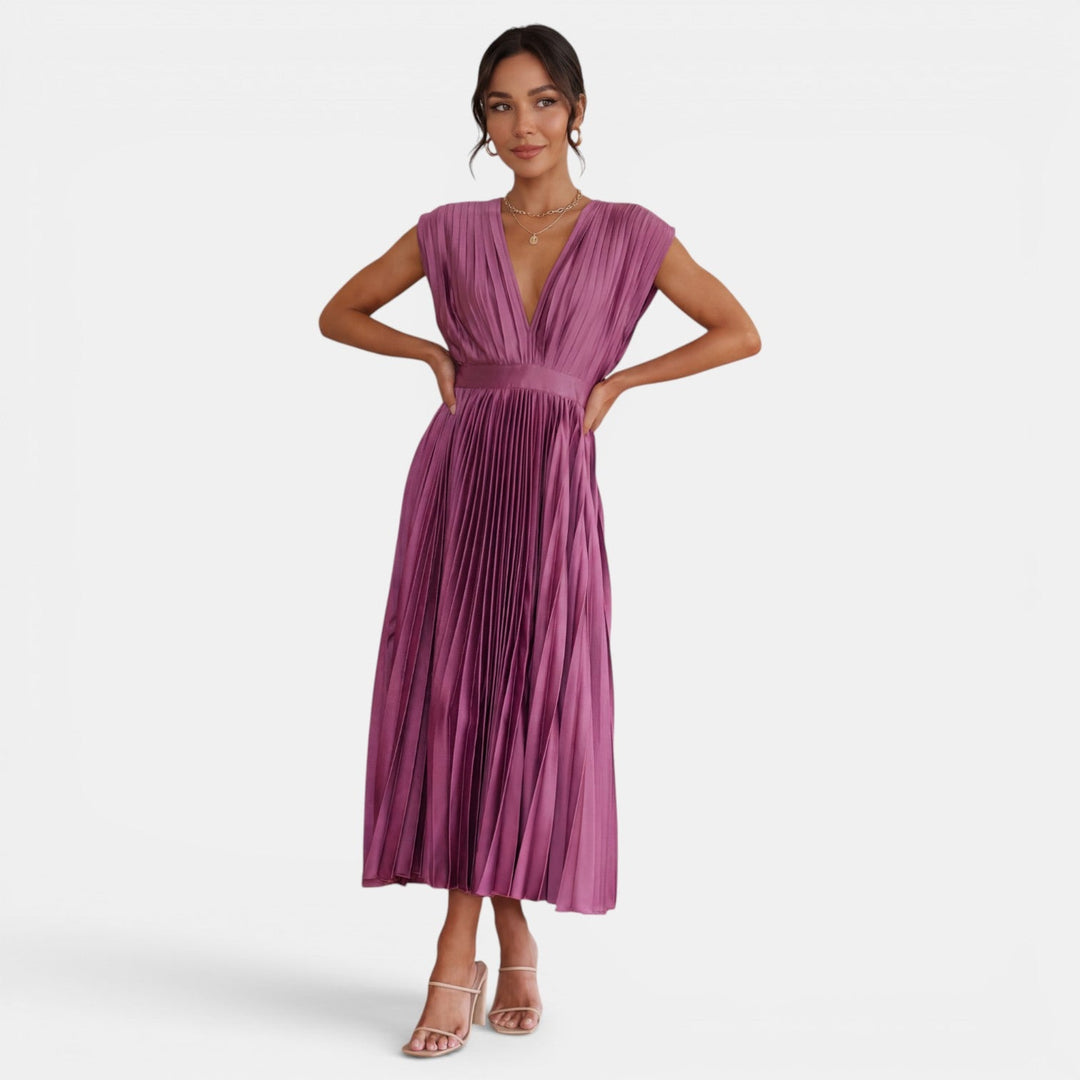 Vestido midi plisado elegante para mujer con cuello V, ideal para fiesta o evento casual de verano.