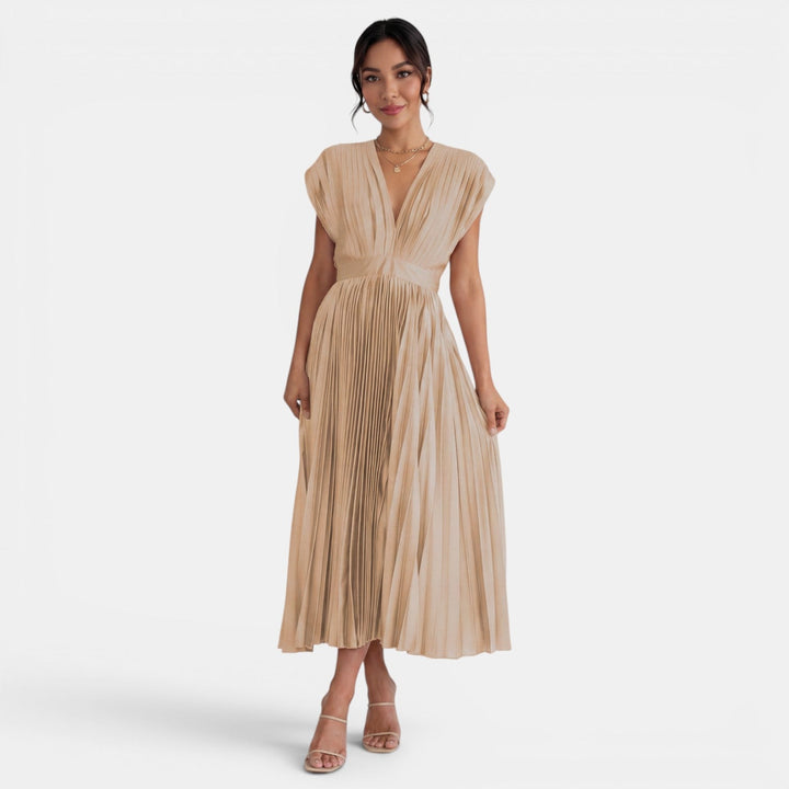 Vestido midi elegante para mujer, plisado y con cuello V, perfecto para fiestas de verano y eventos casuales.