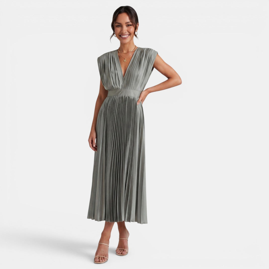 Vestido midi plisado de mujer con cuello V, elegante y cómodo, ideal para verano, fiesta o casual.