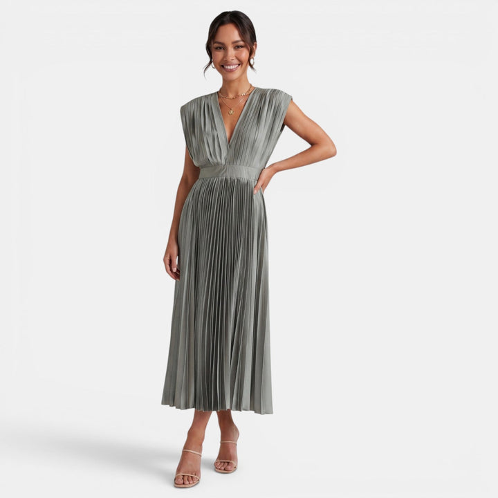 Vestido midi plisado de mujer con cuello V, elegante y cómodo, ideal para verano, fiesta o casual.