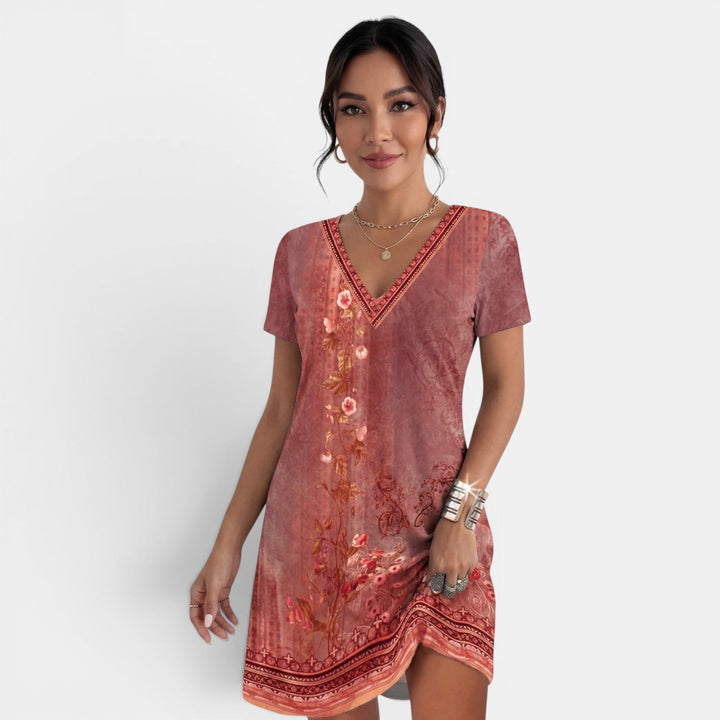 Vestido midi fluido y estampado de mujer, con cuello V, cómodo para el verano y la moda actual, tallas grandes.