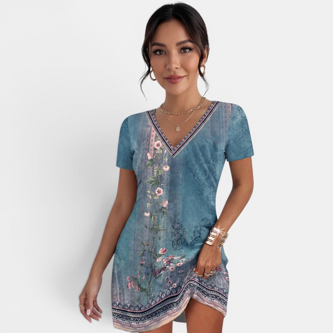 Vestido midi veraniego estampado, cuello V, cómodo y elegante para mujer, moda femenina y fluido.