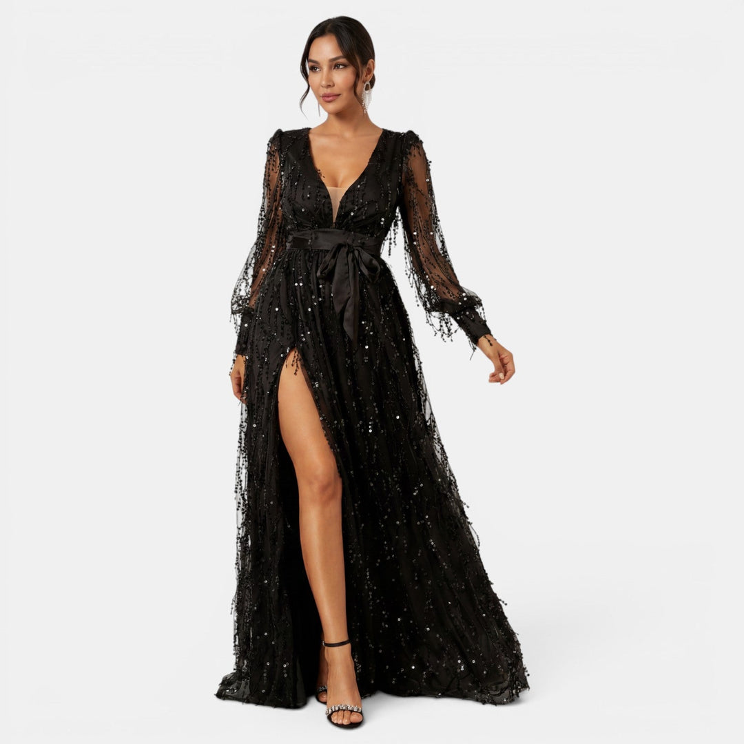 Vestido largo de fiesta para mujer con lentejuelas brillantes y elegante escote en V. Perfecto para noche.