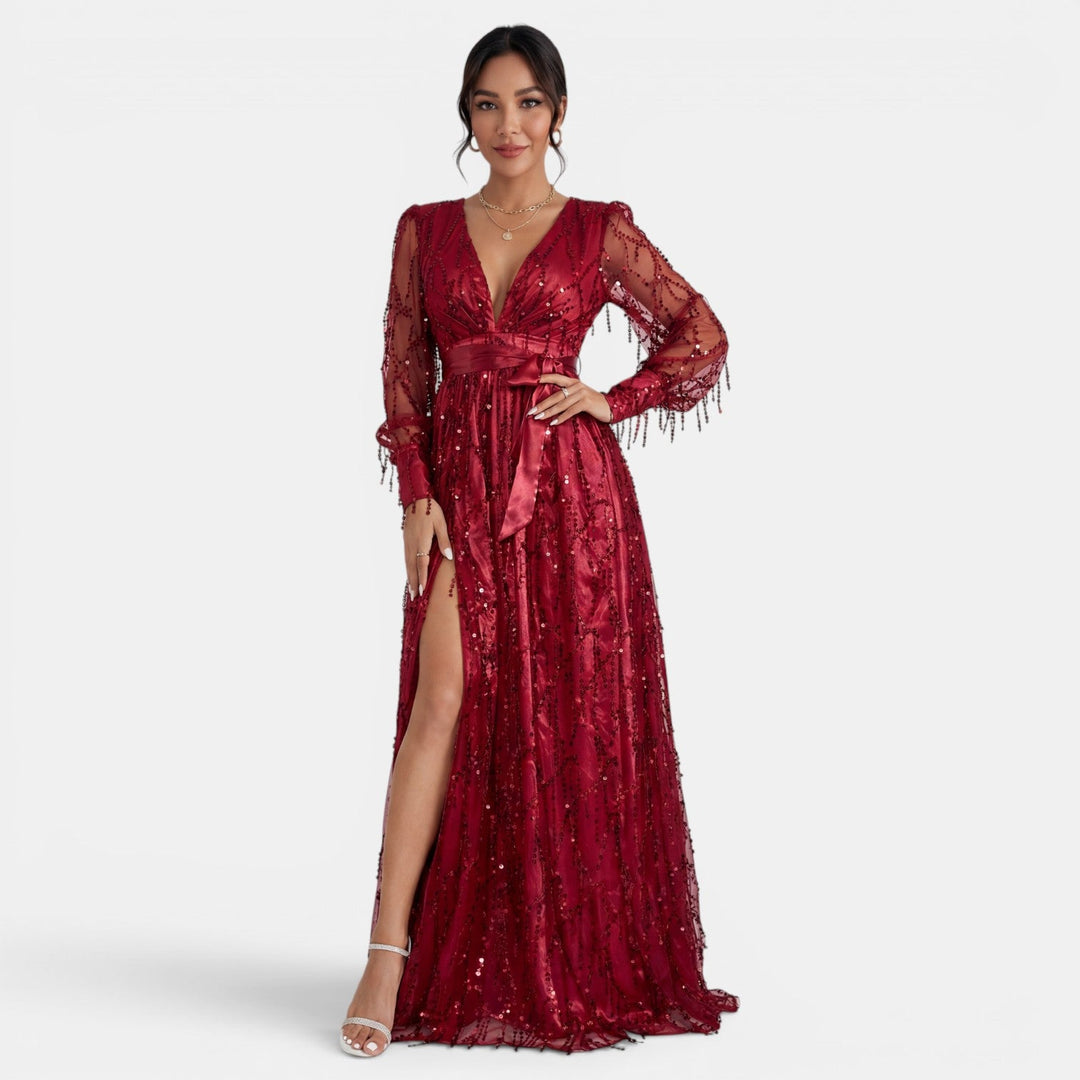 Vestido de gala largo para mujer, con brillo de lentejuelas y un seductor escote V. Puro glamour nocturno.