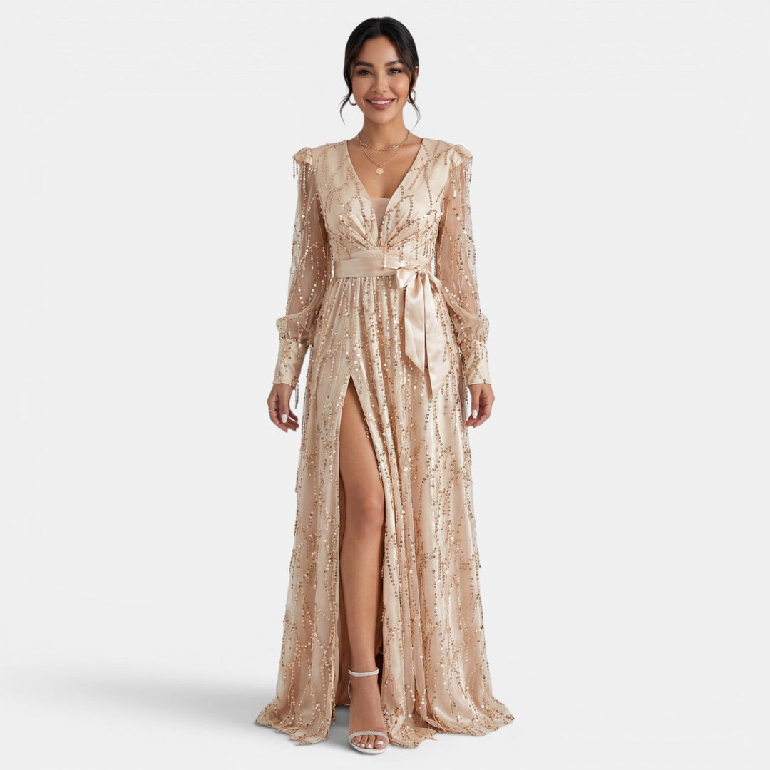 Vestido elegante de noche para mujer, silueta larga, con lentejuelas y llamativo escote V. Para ocasiones.