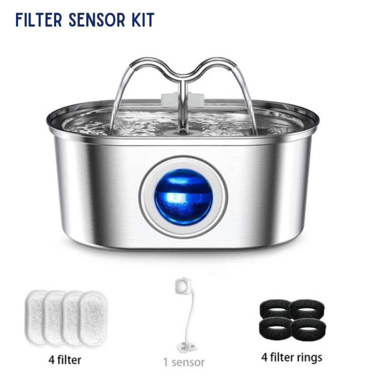 Fuente de agua para la salud animal. Bebedero silencioso de acero inoxidable 2L para perros y gatos. Agua fresca.