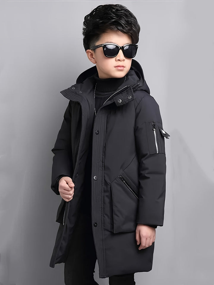Chaqueta acolchada roja para niños, con capucha y cremallera, perfecta para el invierno.