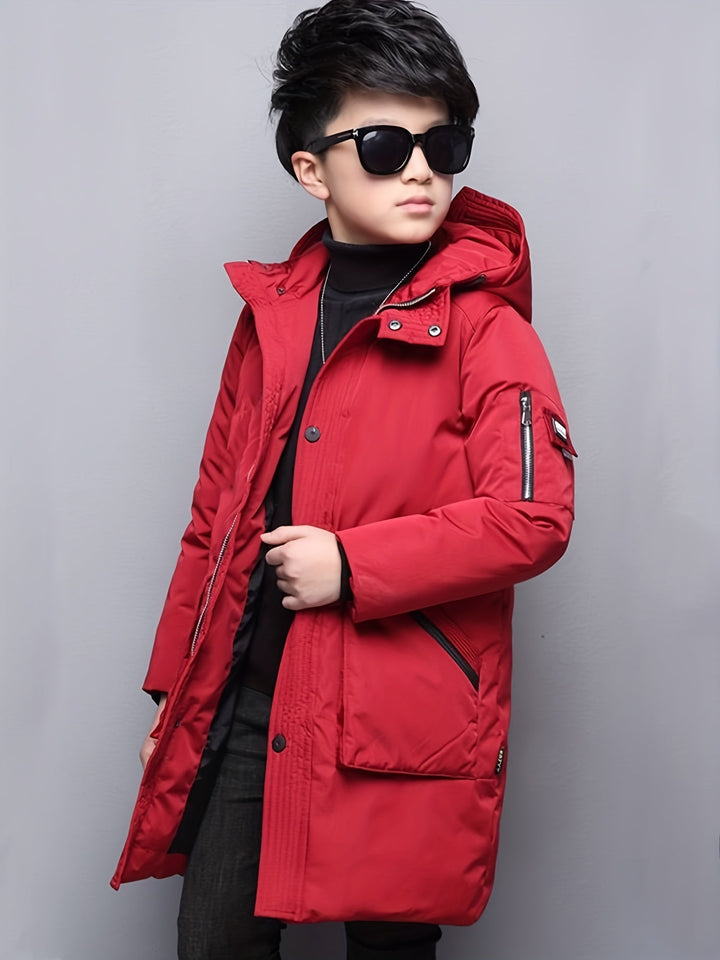Abrigo de invierno acolchado para niños, con capucha cálida y cremallera frontal.