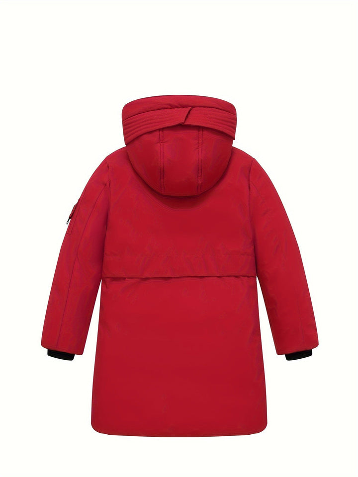 Abrigo acolchado con capucha para niños, en color rojo, ideal para el invierno y el frío.