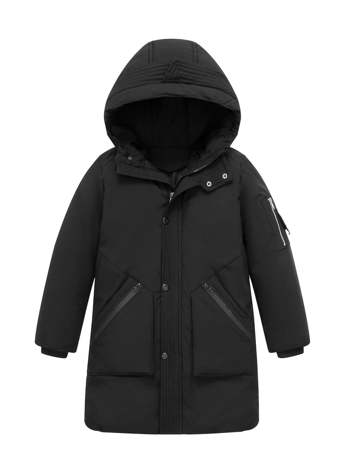 Chaqueta infantil acolchada negra, con capucha y cremallera, ropa de invierno duradera.