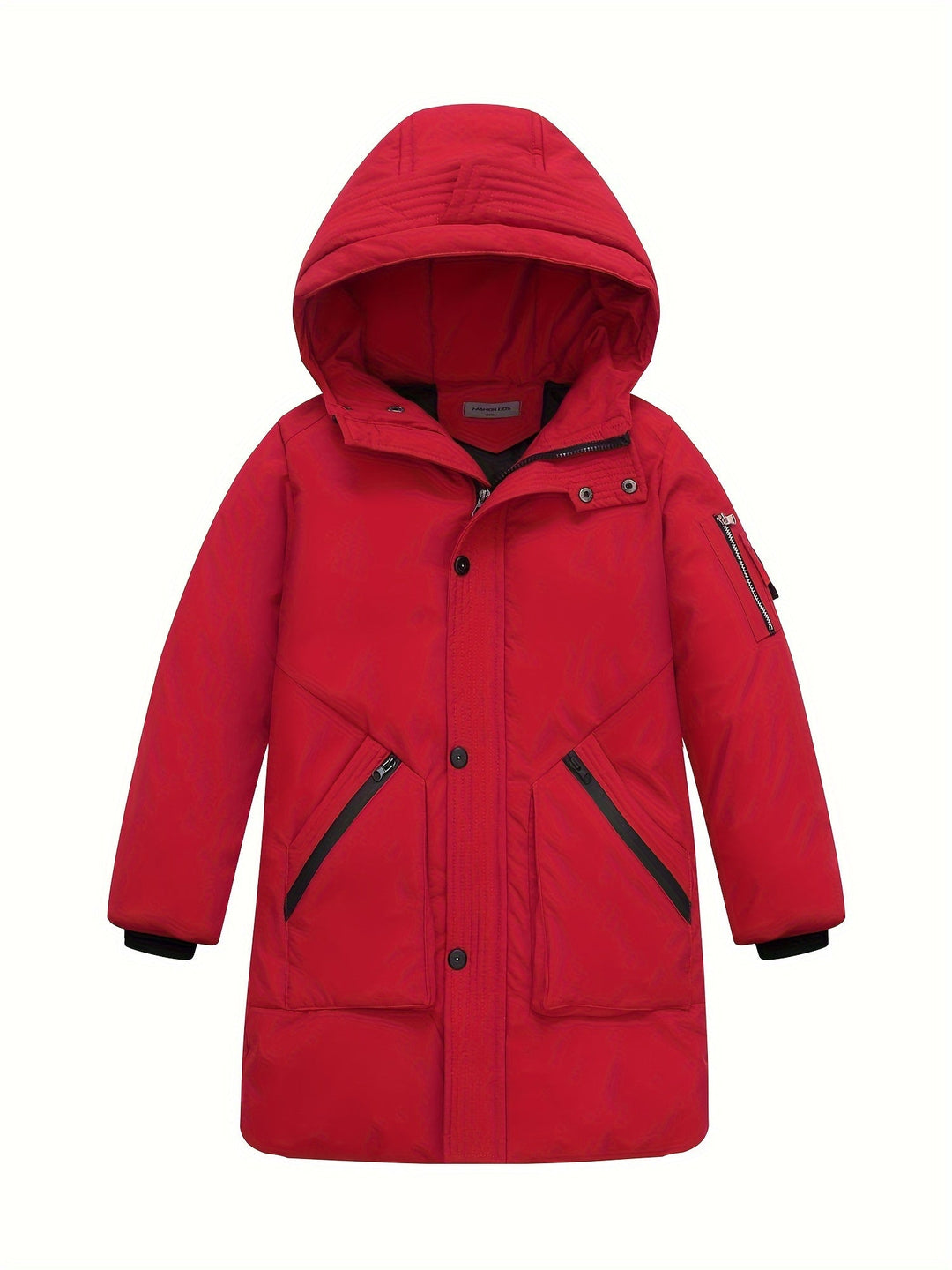 Abrigo de invierno acolchado rojo, con capucha forrada para mayor protección contra el frío.