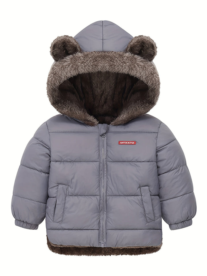 Abrigo infantil unisex con capucha, diseño moderno para niños y niñas. Moda invernal cómoda.