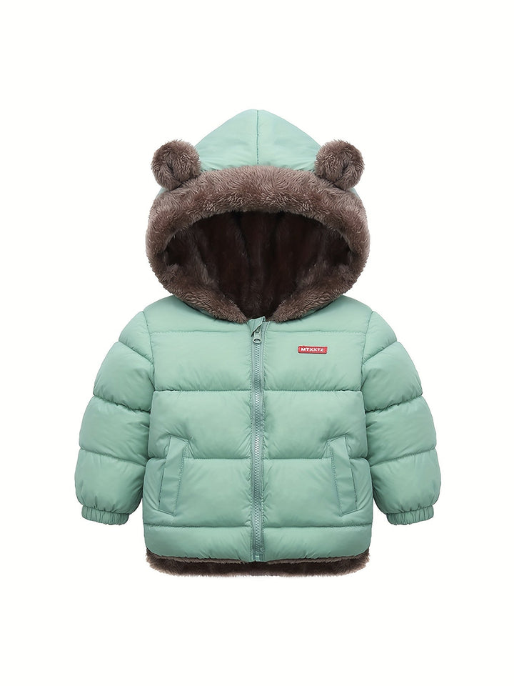 Abrigo de invierno para niños con capucha ajustable. Ropa abrigada y cómoda para el frío.