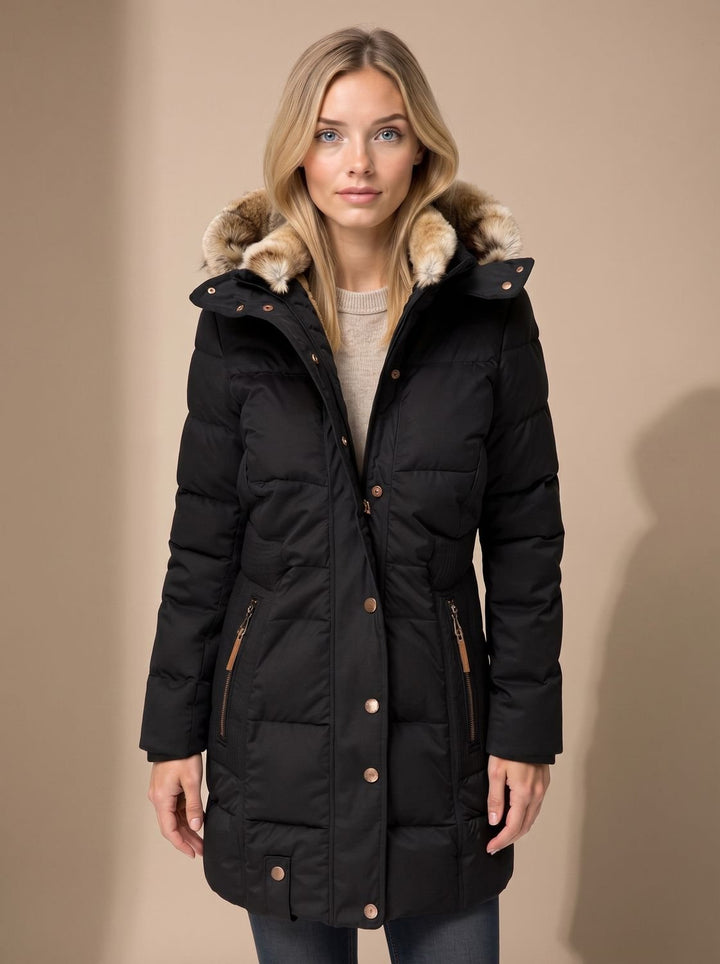 Abrigo largo acolchado mujer con capucha, ideal para invierno, protege del frío con estilo longline.