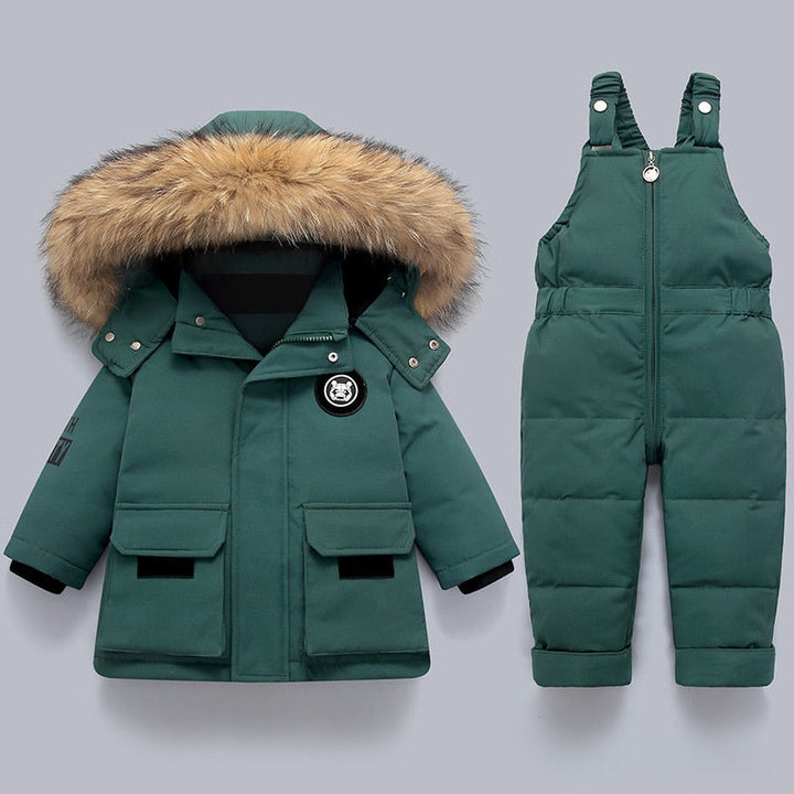 Conjunto térmico de invierno para niños: chaqueta con capucha y mono de esquí, protección superior contra el frío y la nieve.