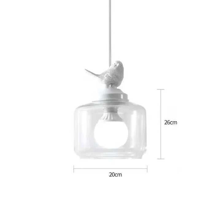 Iluminación moderna: lámpara colgante con pájaro. Cilindro de vidrio para decoración del hogar.