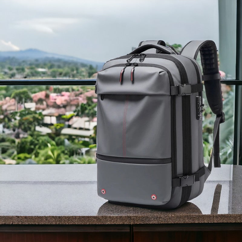 Mochila de viaje expandible 60L, ideal para aventuras. Con compartimento húmedo/seco y correas de compresión.
