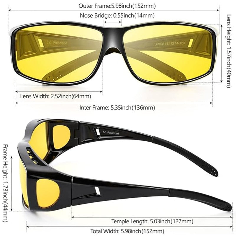 Gafas de conducción nocturna para mujer con lentes amarillas polarizadas, diseño ergonómico sobre gafas, seguridad vial.