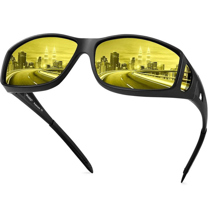 Set de gafas de conducción nocturna para mujer, incluye sobre gafas polarizadas para mejorar visión y seguridad en carretera.