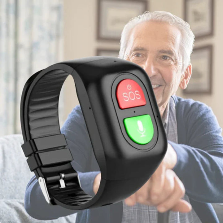 Sensores de smartwatch 4G GPS en la parte trasera. Monitoreo de salud para seguridad y bienestar de mayores.