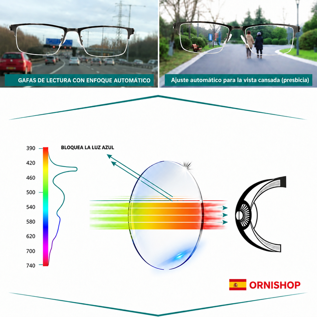 Gafas fotocromáticas progresivas al aire libre, adaptándose a la luz solar. Protección UV y antirreflejo.
