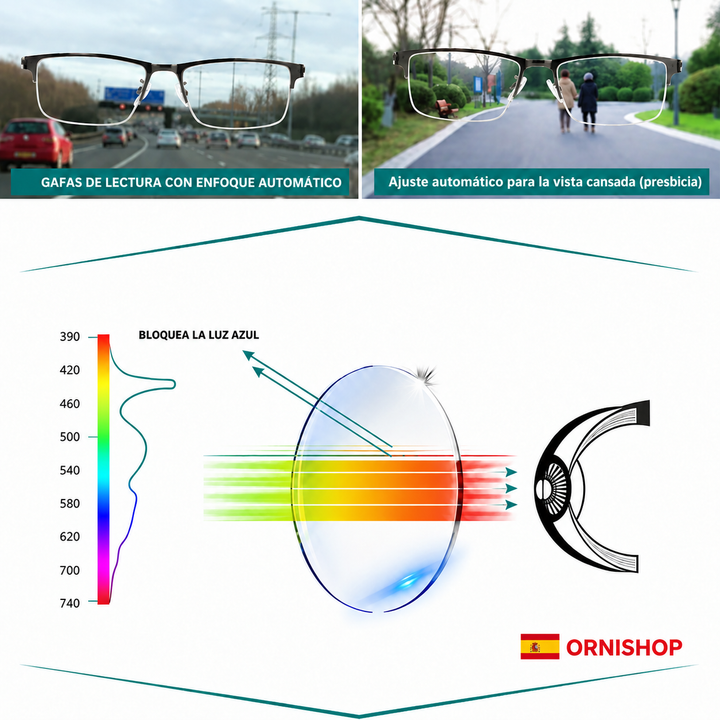 Gafas fotocromáticas progresivas al aire libre, adaptándose a la luz solar. Protección UV y antirreflejo.