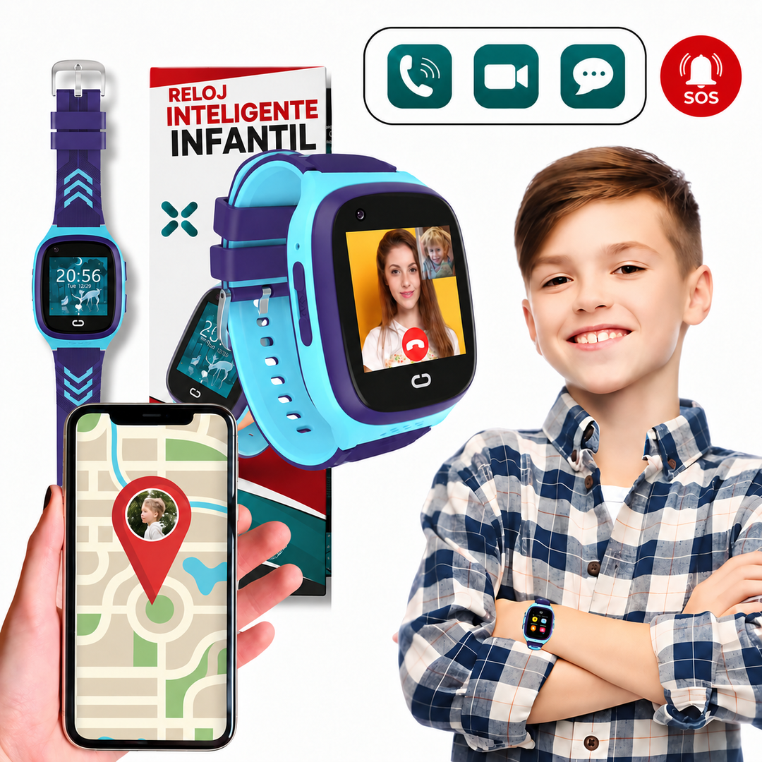 Empaque de smartwatch infantil GPS 4G para niños, seguridad, llamadas y rastreo fácil.
