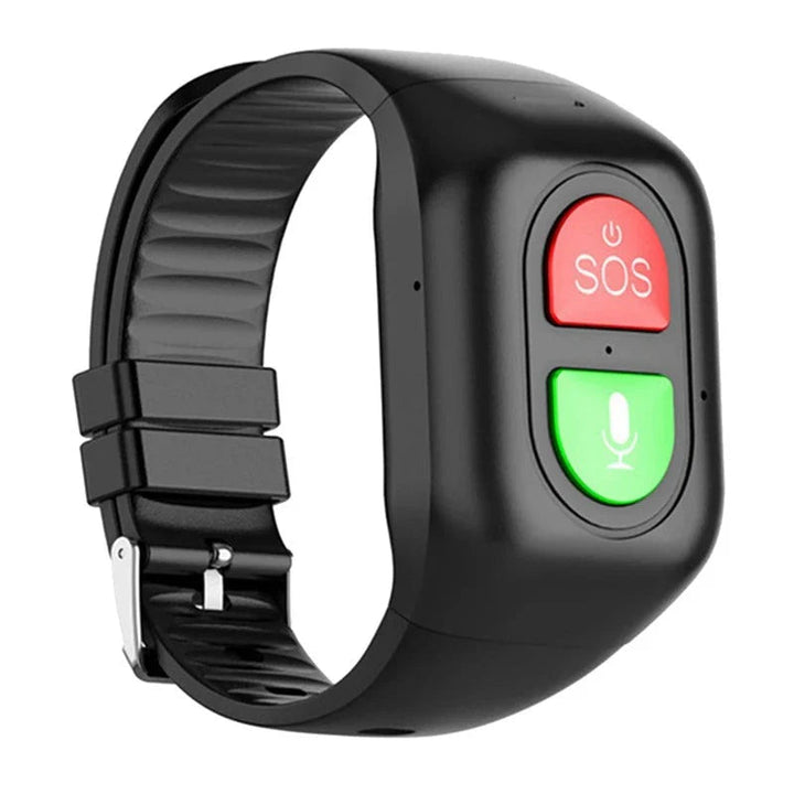 Mano de persona mayor presionando el botón SOS de smartwatch 4G GPS. Activa emergencia y seguridad.