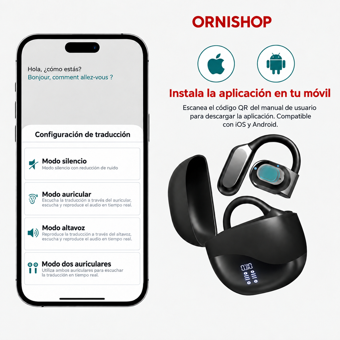 Dispositivo de comunicación: auriculares traductores Bluetooth negros con cancelación de ruido y 144 idiomas.