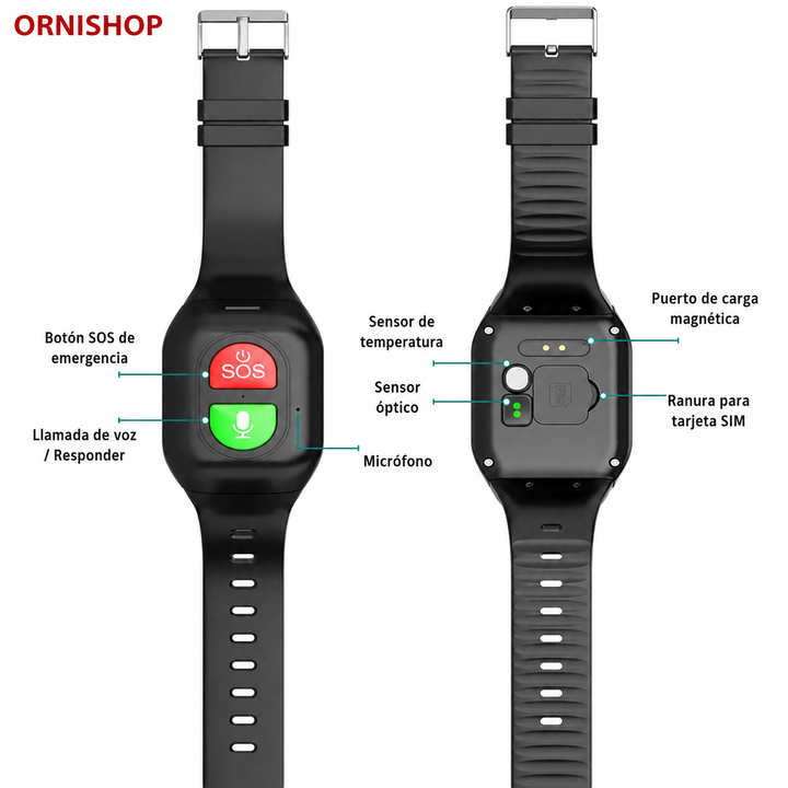 Diseño ergonómico de smartwatch 4G GPS para mayores. Confort, seguridad y funciones de emergencia.