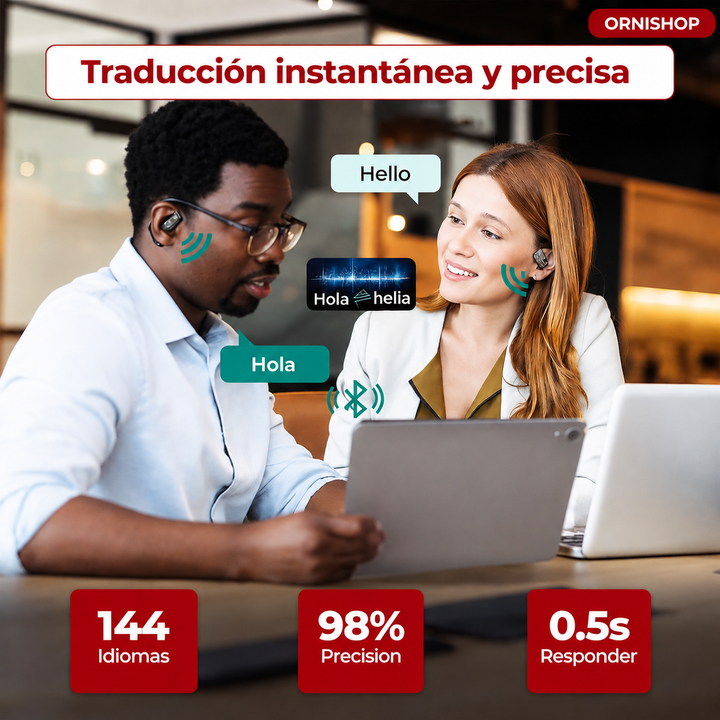 Traduce al instante con auriculares inalámbricos portátiles, soporta 144 idiomas para tus viajes.