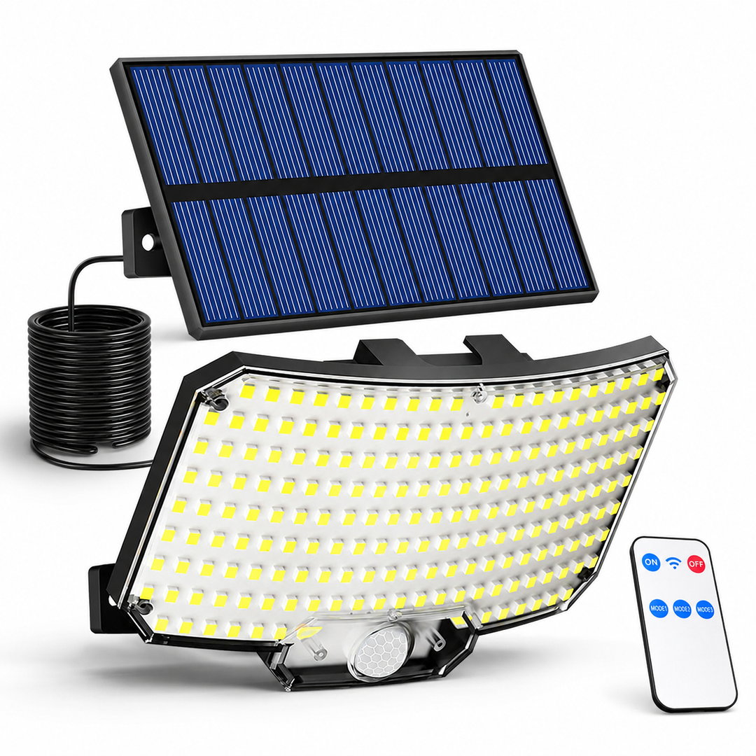 Foco solar LED exterior con sensor de movimiento y control remoto, ideal para seguridad en jardín y patio.