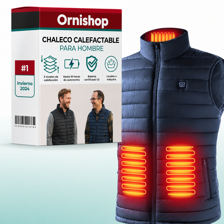Chaleco calefactable negro para hombre, ideal para invierno. Proporciona calor instantáneo y comodidad en exteriores.