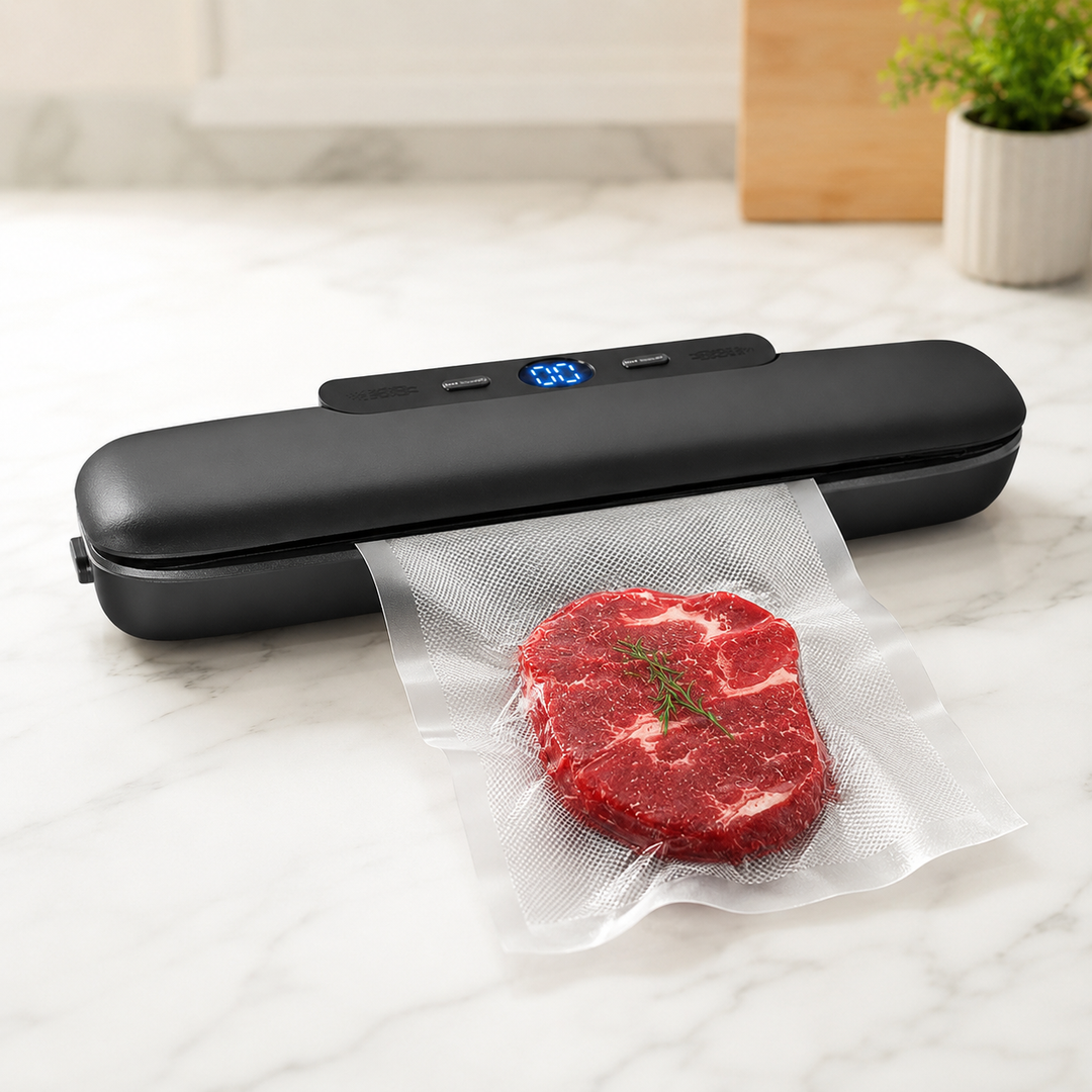 Envasadora al vacío eléctrica 30cm, diseño compacto y moderno para conservar alimentos en la cocina.