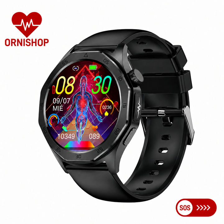 Smartwatch de salud con detector de caídas, monitor cardíaco y botón SOS para bienestar y seguridad.