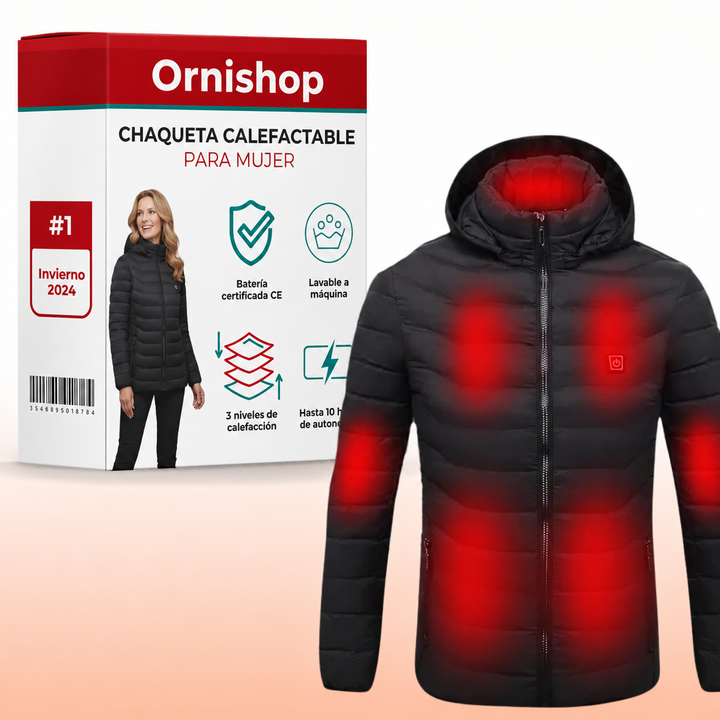 Chaqueta calefactable de mujer elegante, ideal para invierno y frío. Mantiene el calor corporal en exteriores con estilo.