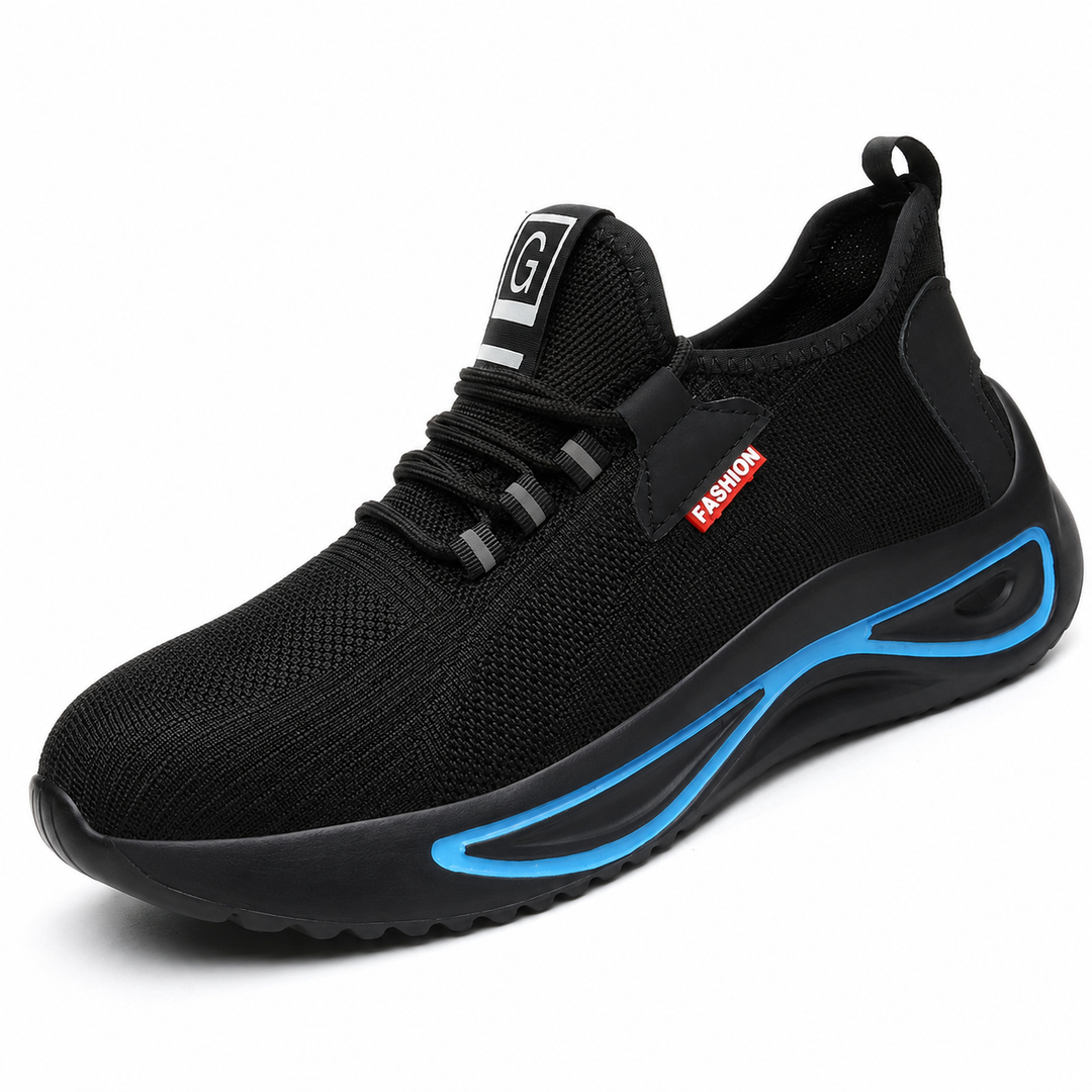 Zapatos de seguridad ligeros para hombre con puntera de acero y malla transpirable, ideales para trabajo industrial.