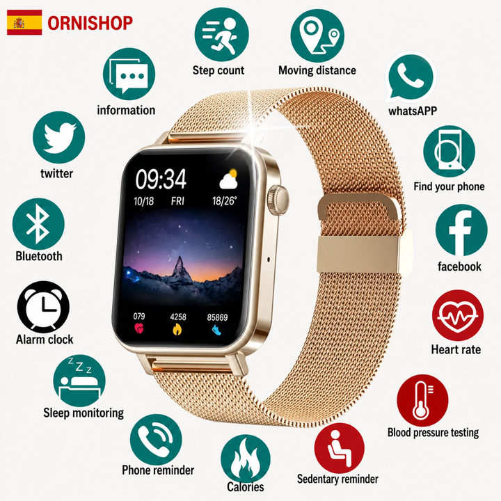 Reloj inteligente mujer dorado, elegante para seguimiento de bienestar y estilo personal.