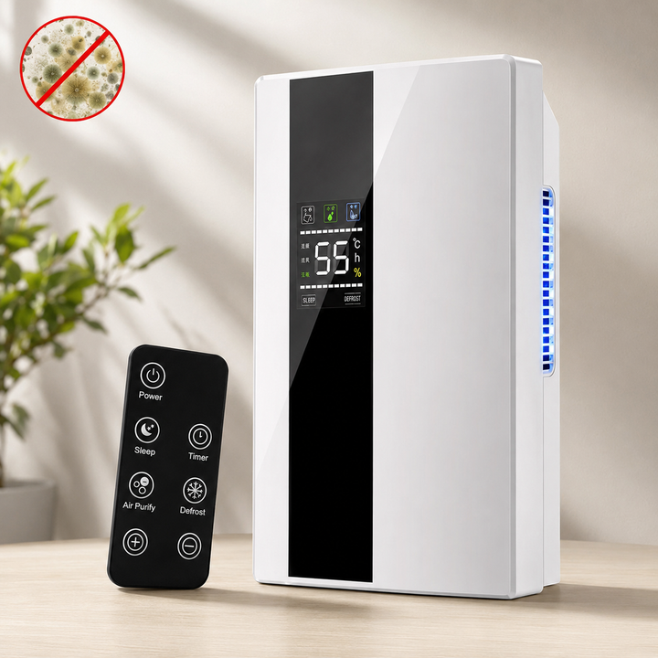Deshumidificador eléctrico compacto para hogar, elimina humedad y previene moho. Ideal dormitorio, cocina, armario.