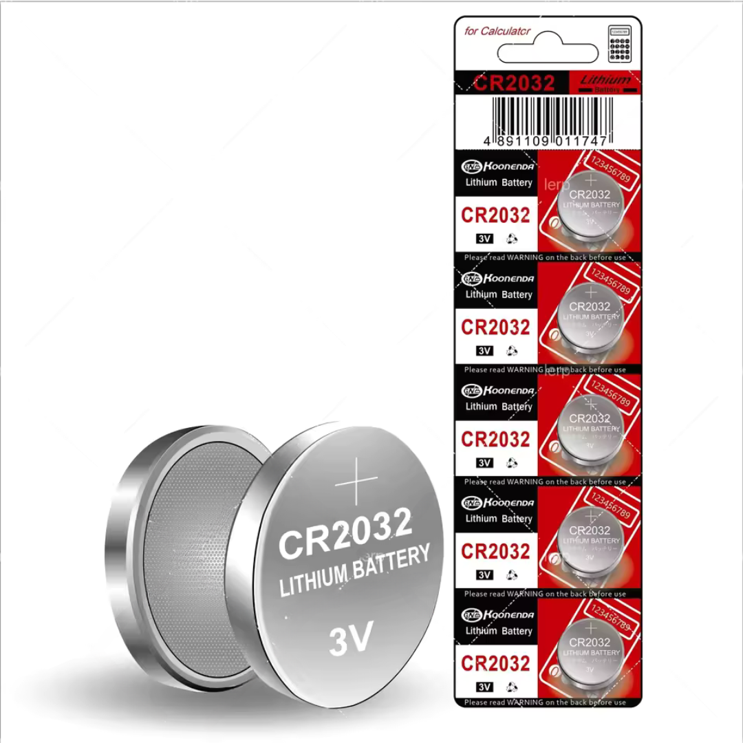 Pack de 5 pilas botón CR2032 de litio 3V, ideal para electrónica, gadgets y dispositivos digitales de larga duración.